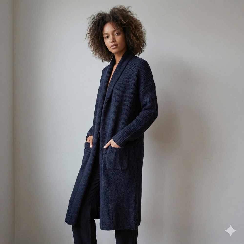 Brochu Walker Longline Duster Cardigan Sweater Navy Blue‎ Wool Silk Blend Knit